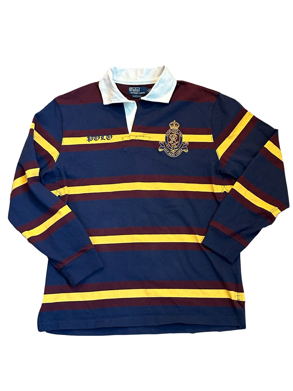 Y2K Polo by Ralph Lauren Navy Burgundy & Yellow Striped Rugby Collared Pullover